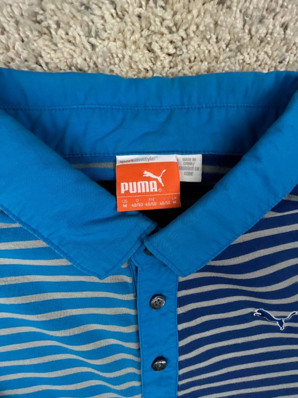 Puma Men’s Golf Polo Shirt Short Sleeve Blue Gray Striped Medium Casual Cotton - Picture 6 of 11